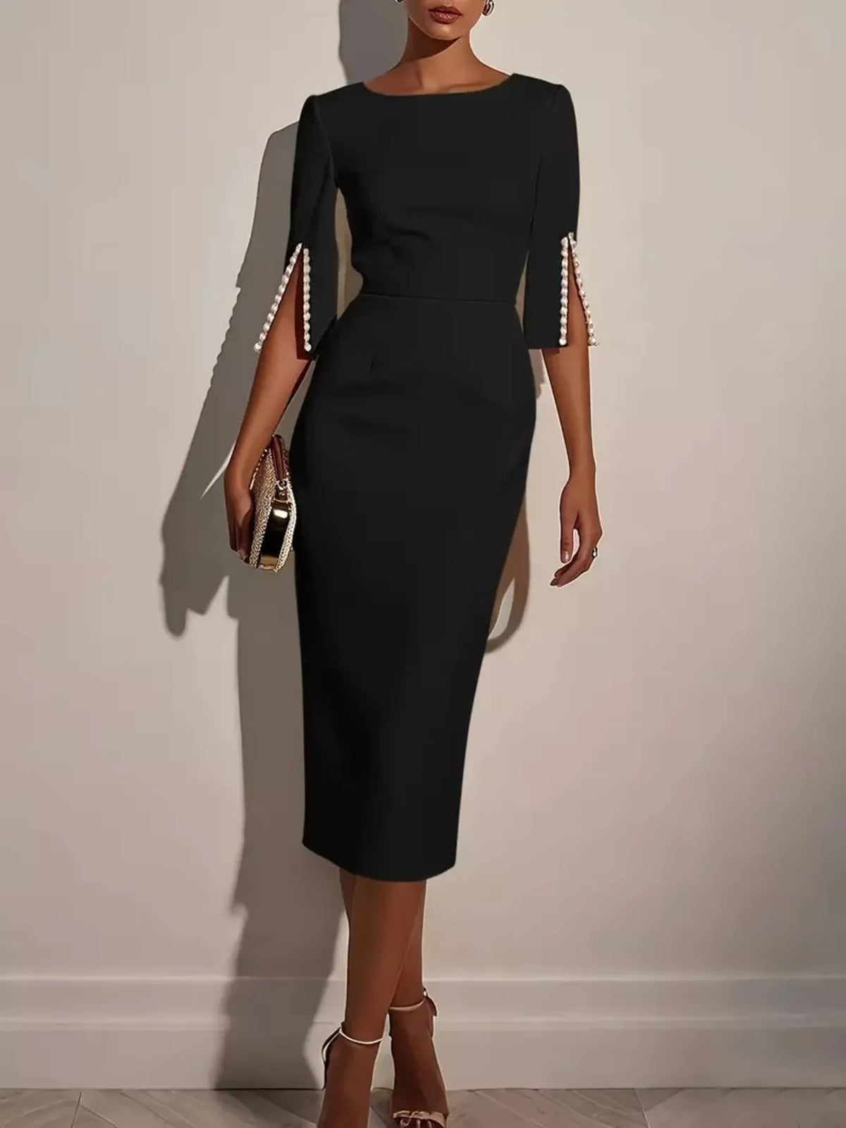 Slim-Fit Elegant Midi Dress with Beaded Slit Sleeve