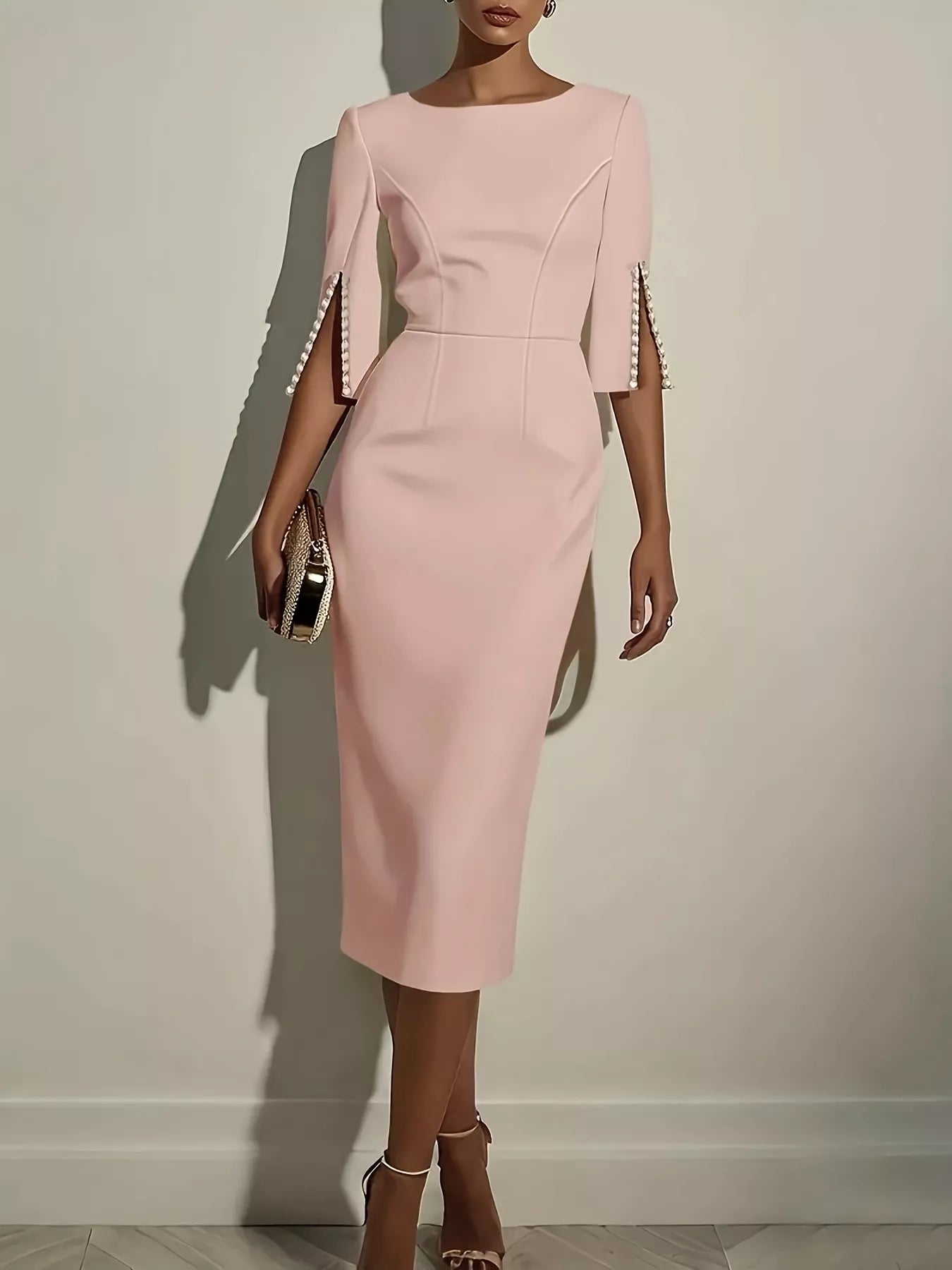 Slim-Fit Elegant Midi Dress with Beaded Slit Sleeve