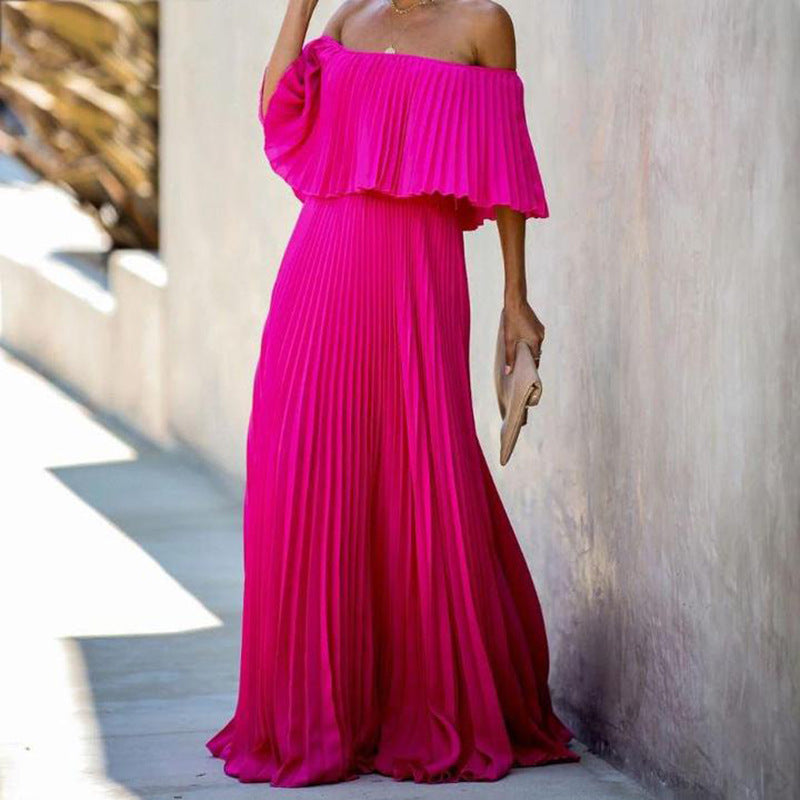Spring Summer Women Clothing Sexy off-Shoulder Tube Top Folding Chiffon Party Formal Dress